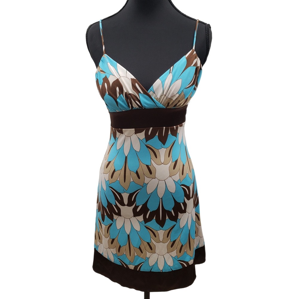Taboo Floral Mini Dress Vintage‎ Blue Brown Y2K Retro Spaghetti Strap Tie Back